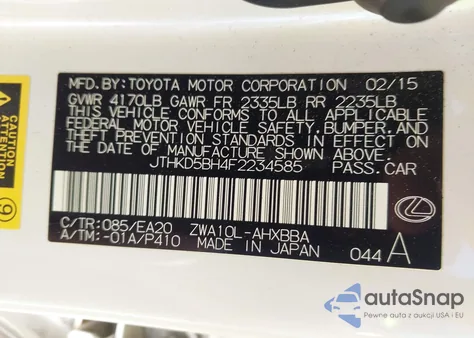 2015 Lexus Ct 200H из США, поврежденный, VIN JTHKD5BH4F2234585